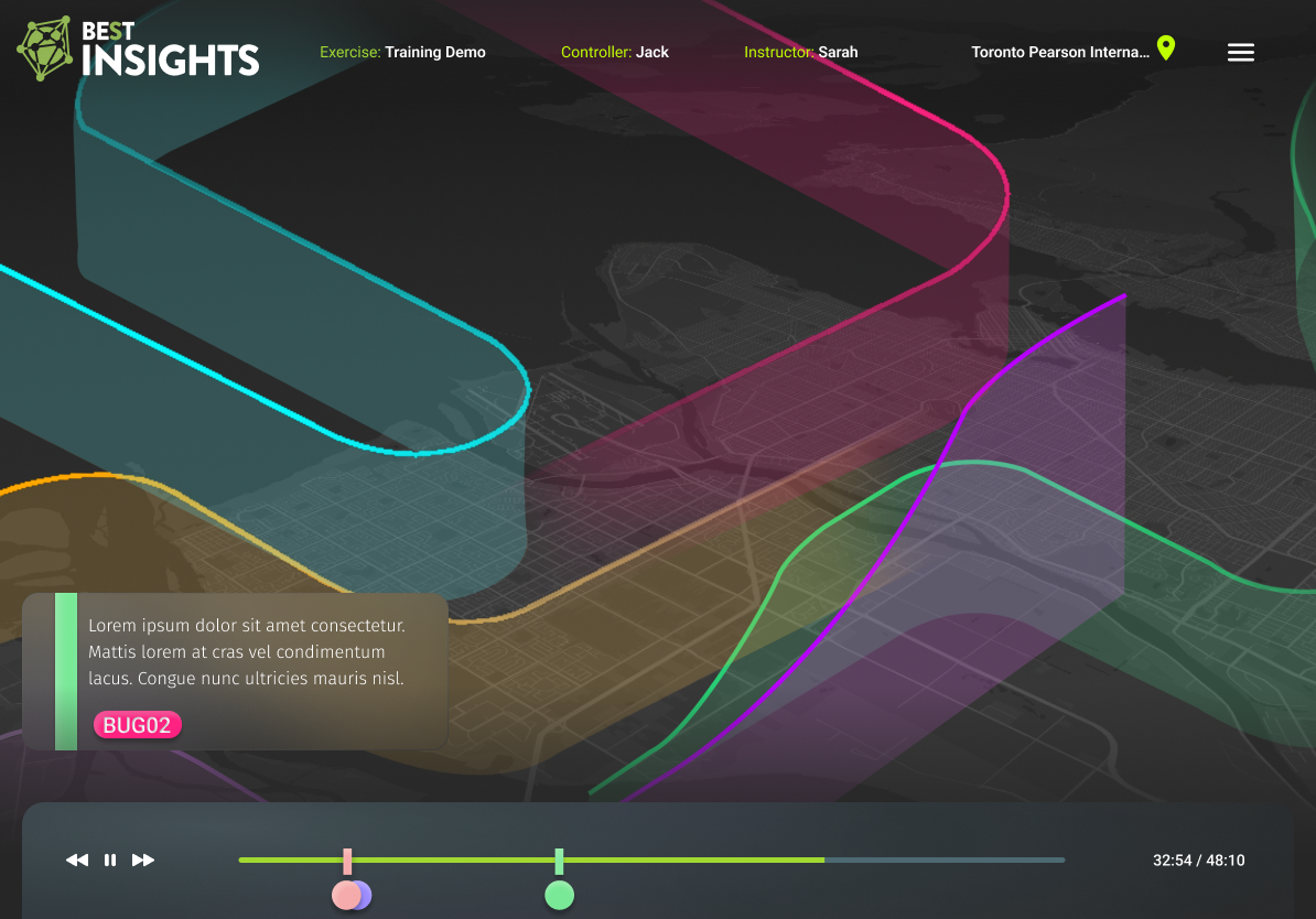 Early BEST Insights concept showing coloured flight paths, instructor feedback and a replay timeline