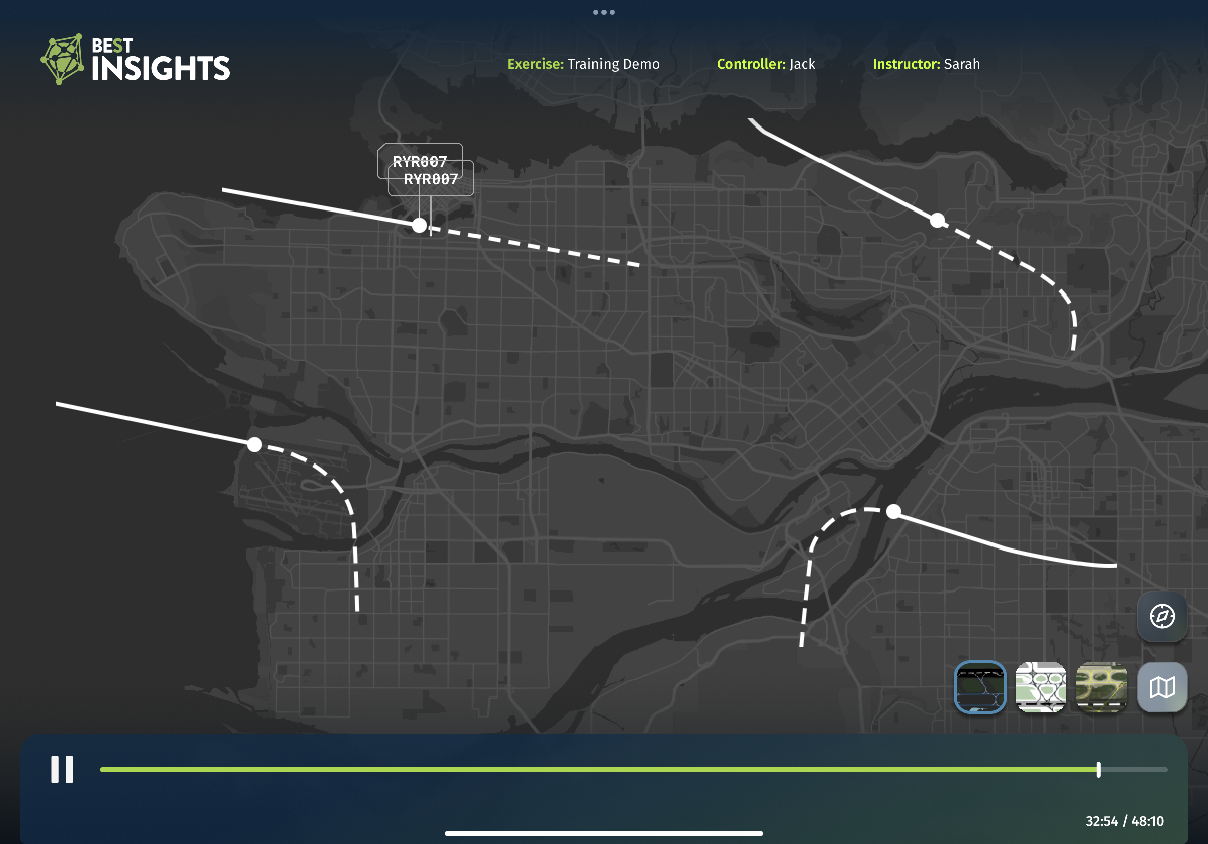 BEST Insights map view showing aircraft tracks, map options and a training replay timeline