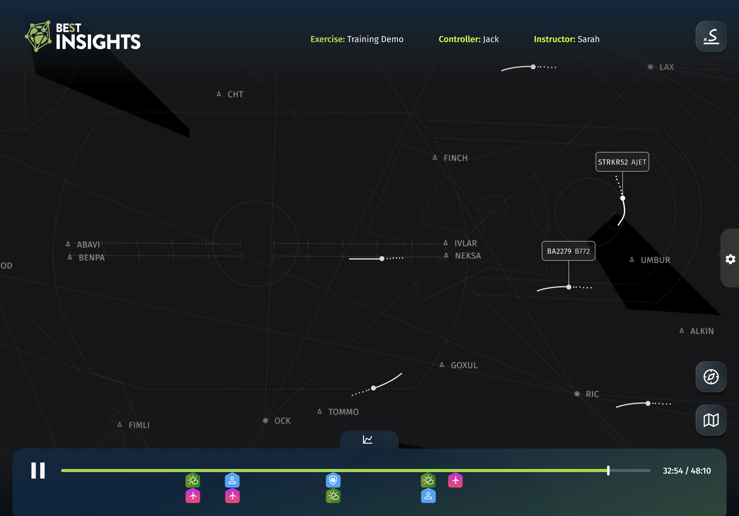 BEST Insights radar view with aircraft labels and event markers on the replay timeline