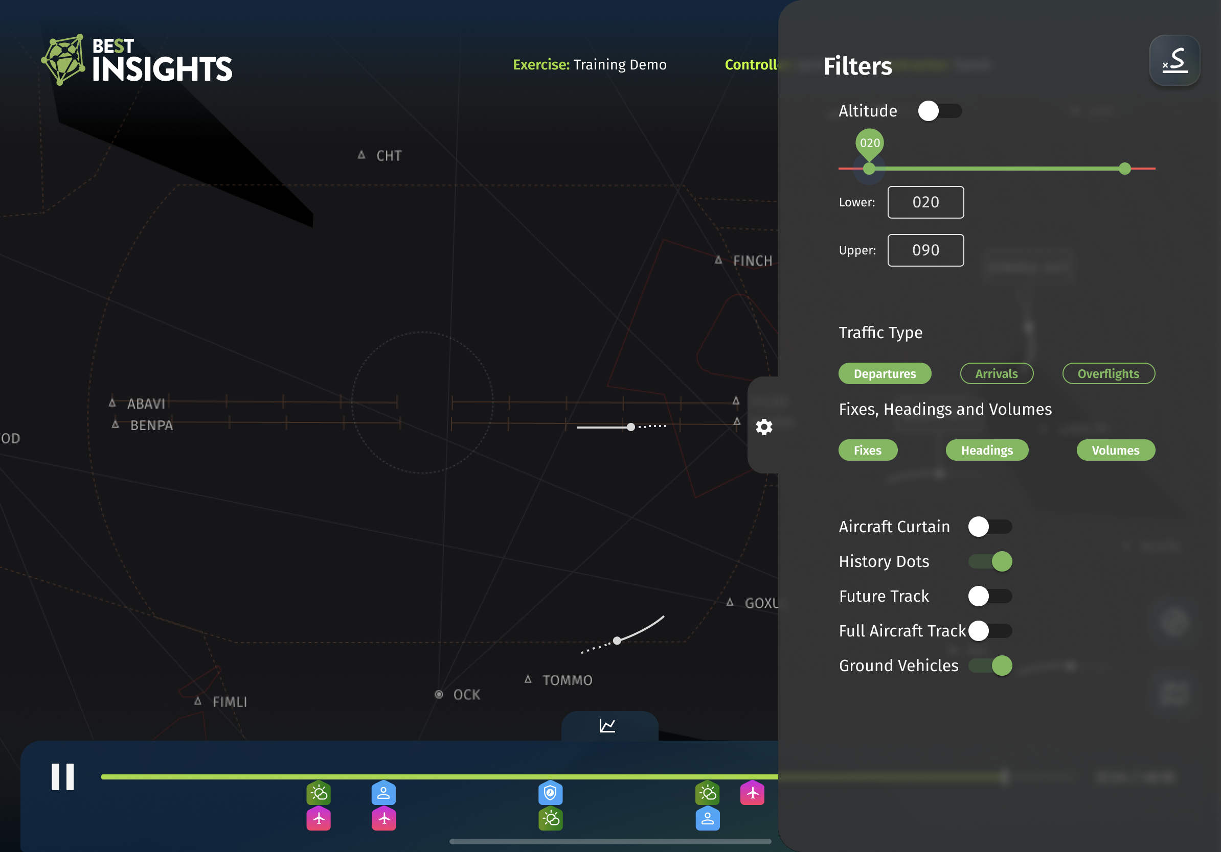 BEST Insights filters panel with altitude range, traffic type and aircraft display options