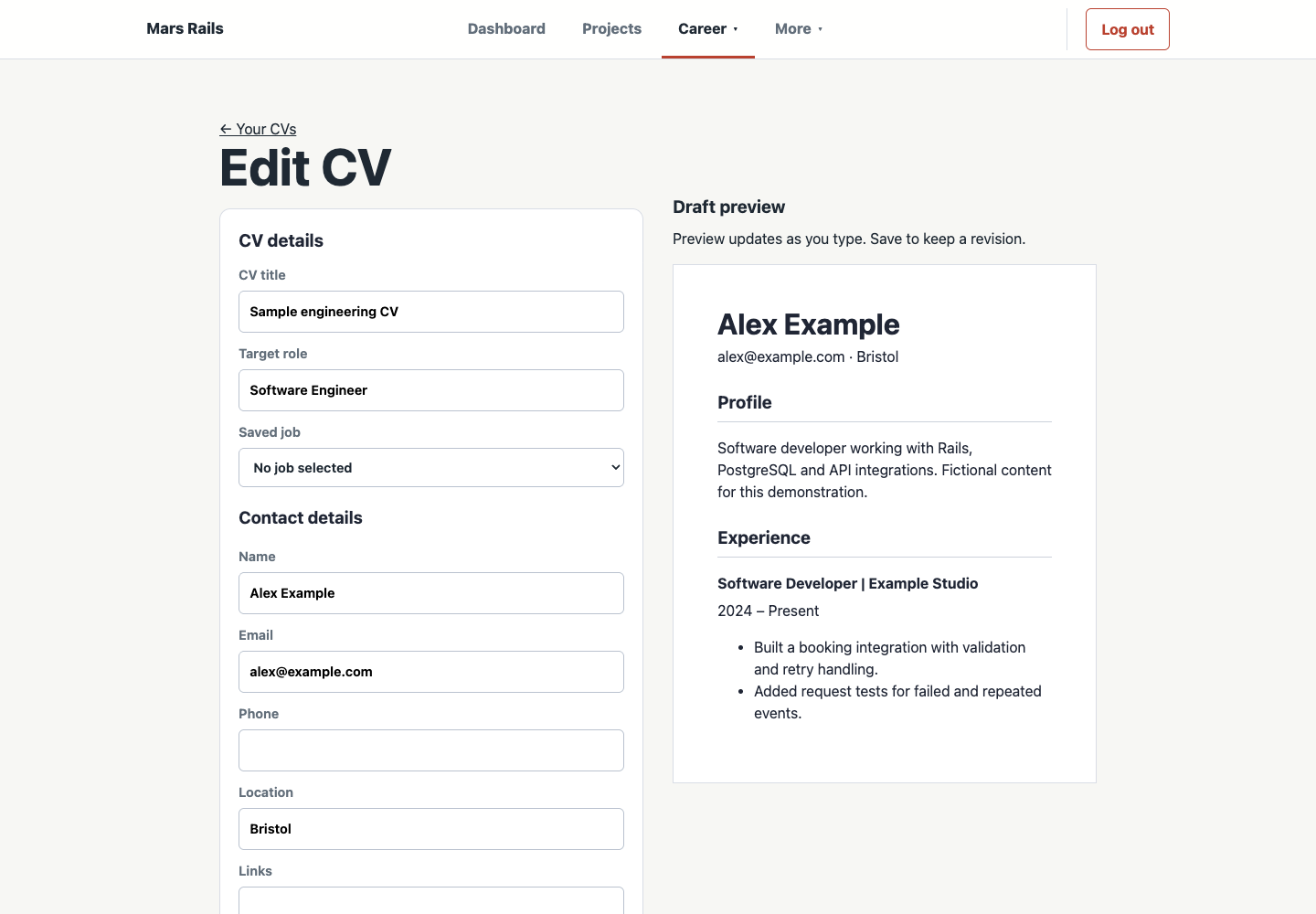 Mars CV editor displaying a fictional sample CV and revision controls
