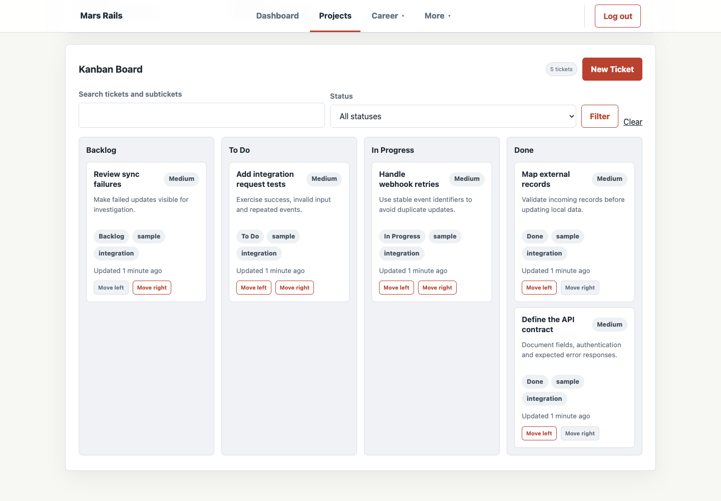 Mars project board with sample API integration tasks grouped by progress